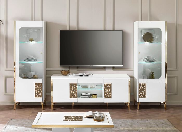 M&ouml;belprogramm mit LED-Beleuchtung WEISS-GOLD