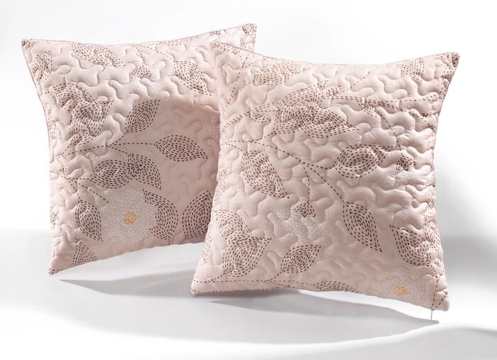 Naturnahe Tagesdecke und Kissenbez&uuml;ge mit Bl&auml;tterranken-Dessin ROS&Eacute;