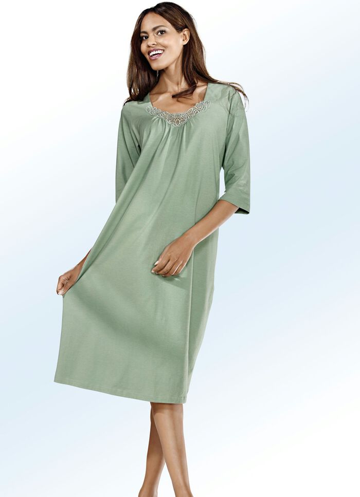 Dreierpack Nachthemden, 3/4-lange &Auml;rmel mit Spitze am Ausschnitt gr&uuml;n/lila/beige