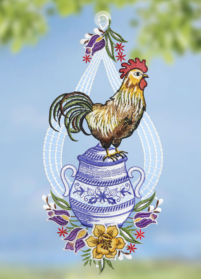 Fensterbild Hahn aus echter Plauener Spitze 