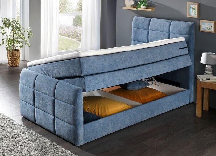 Boxspringbett mit Bettkasten und Topper BLAU