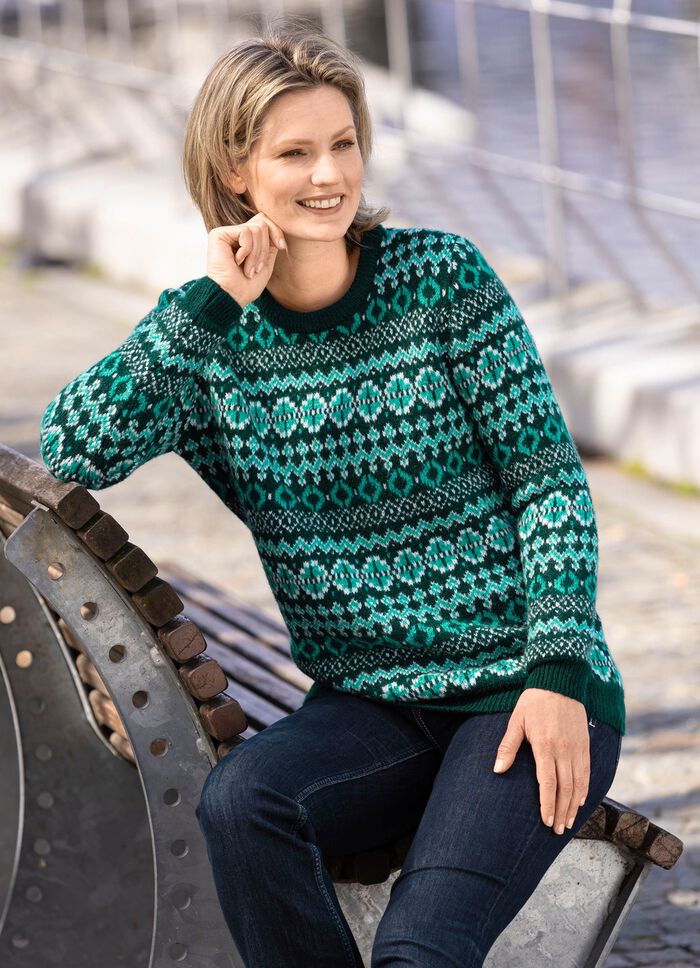 Pullover in flauschiger Qualität PETROL-MALACHIT-WEISS
