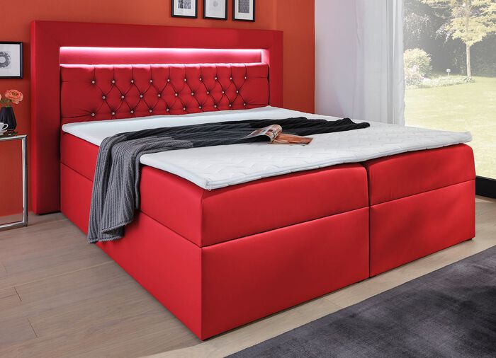 Boxspringbett mit LED-Beleuchtung, Bettkasten und Topper ROT