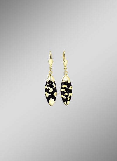 Ohrringe mit Onyx, beh. und Bergkristall mit Blattgold-Triplette 