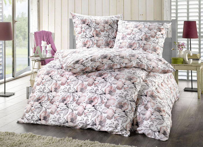 Baumwoll Bettw&auml;sche-Garnitur mit Magnolien-Dessin 