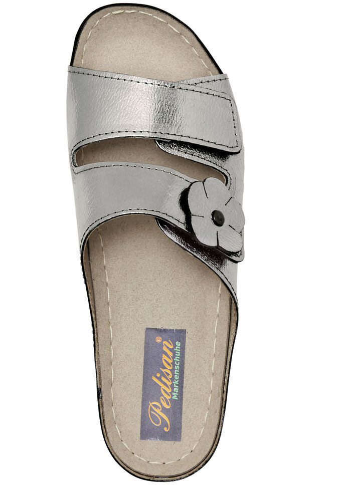 Bequeme Damen-Pantoletten, Weite G, mit Lederblüte ANTIKBRONZE