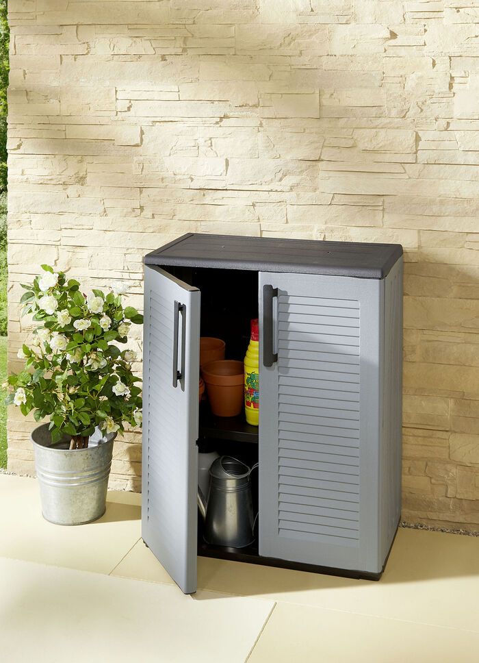 Gartenschrank in Lamellenoptik GRAU-SCHWARZ