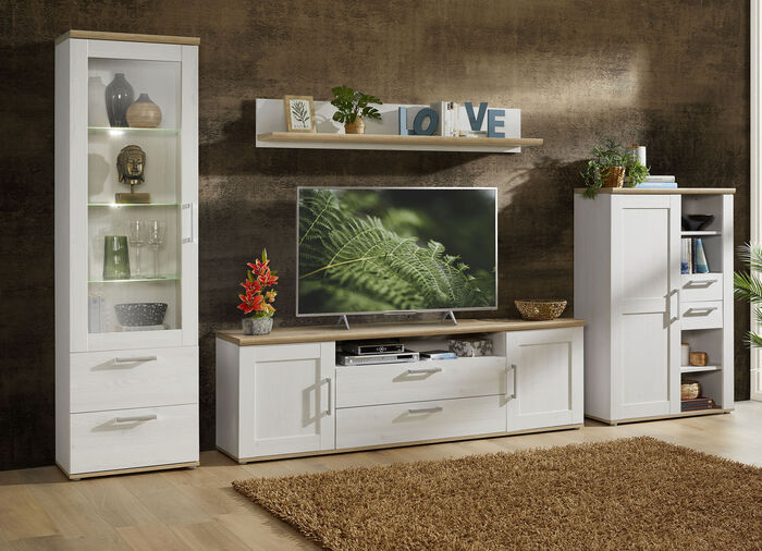 Wohnwand mit LED-Beleuchtung WEISS-EICHE