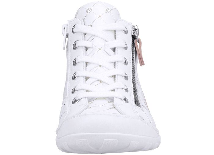 Remonte Schn&uuml;r-Bootie aus bedrucktem und metallisch schimmerndem Synthetikmaterial WEISS-PUDERROS&Eacute;