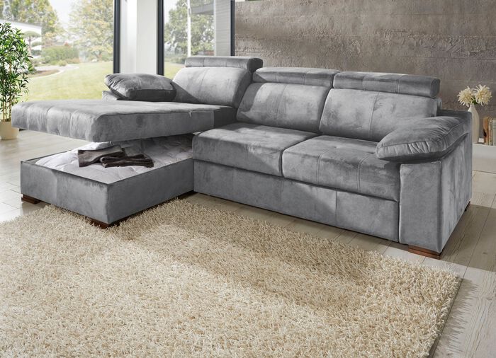 Polsterecke mit Bettfunktion und verstellbaren Kopfst&uuml;tzen GRAU