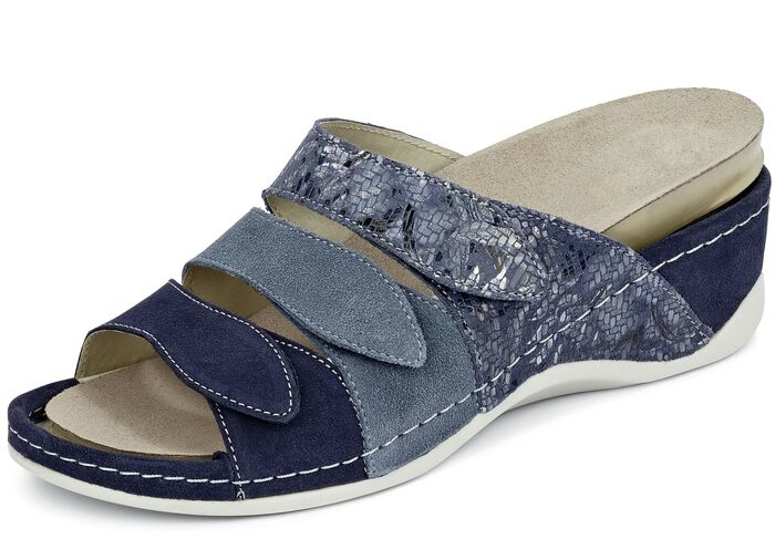 Mubb, bequeme Damen-Pantoletten, Weite H, mit herausnehmbarem Fu&szlig;bett BLAU