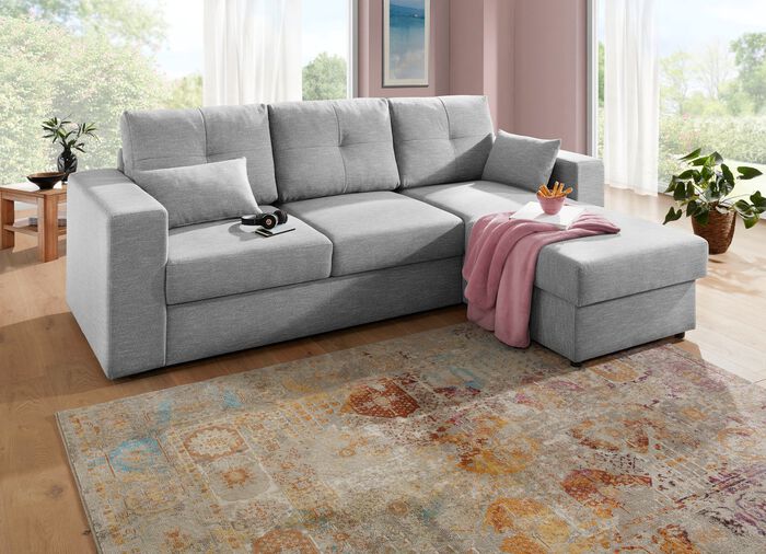 Frei im Raum aufstellbare Polsterecke mit Bettfunktion und Bettkasten SILBER