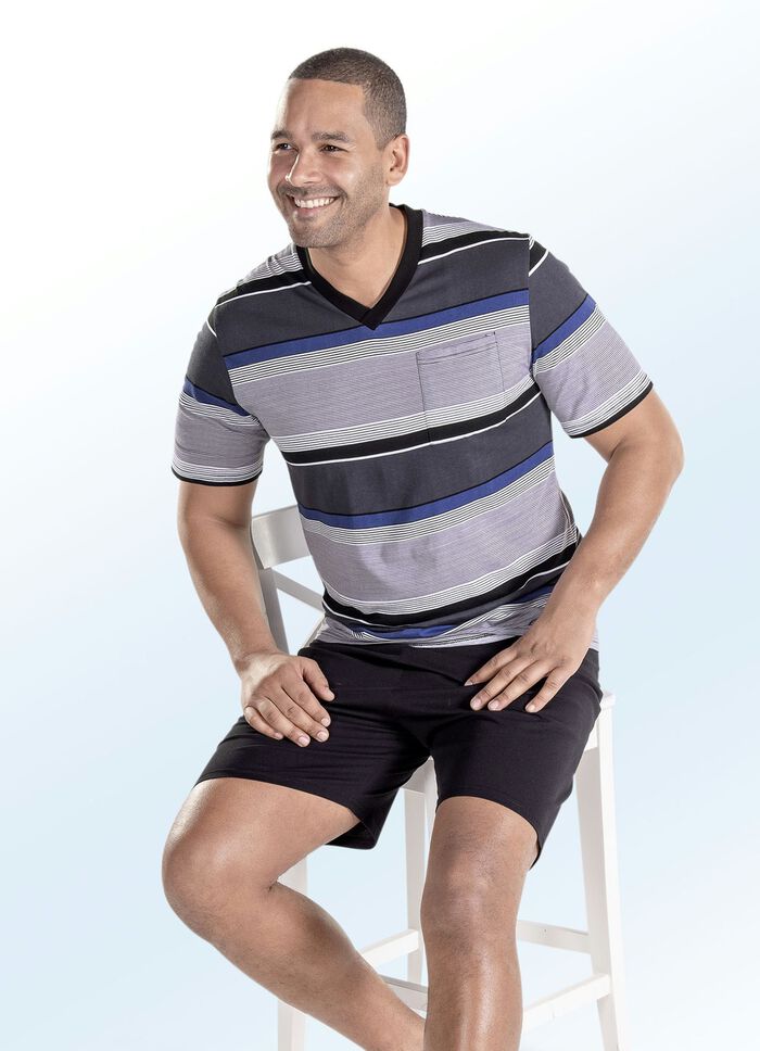 Zweierpack Shortys mit V-Ausschnitt, Ringeldessin und Brusttasche 