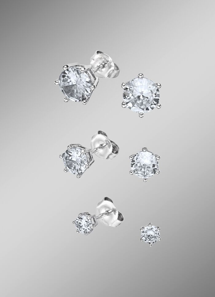 Ohrstecker-Set, 3 Paar, mit synth. Zirkonia 