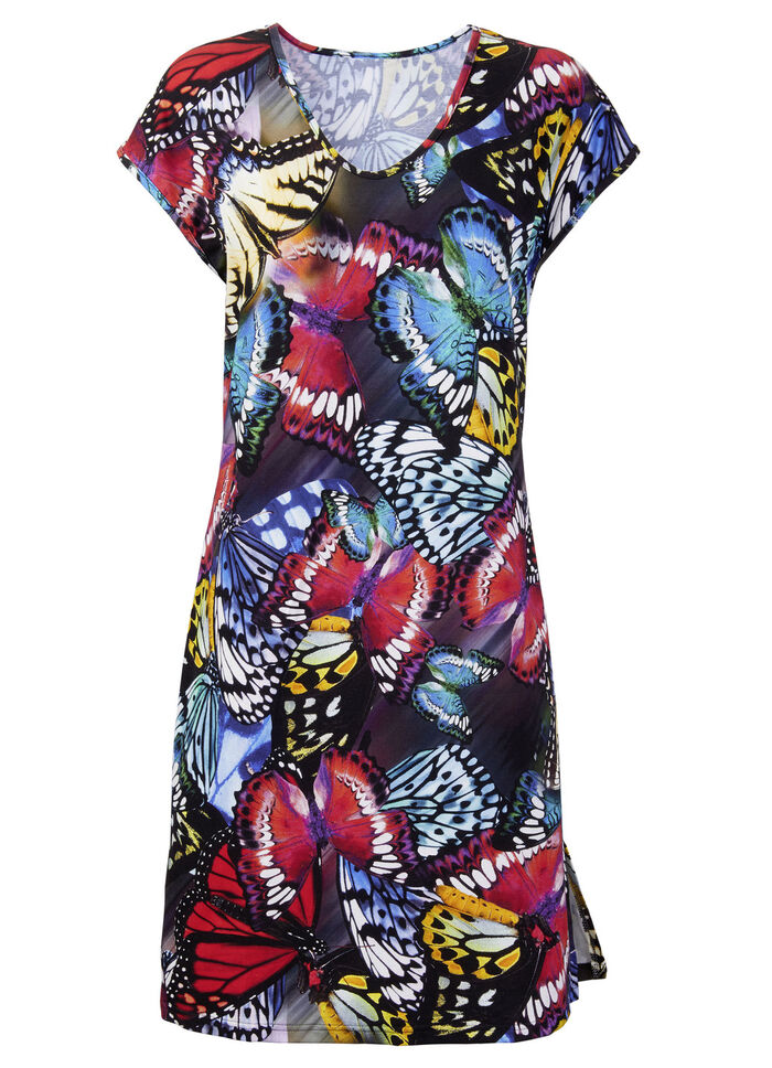 Kleid mit farbbrillantem Druckdessin und überschnittenen Ärmeln 