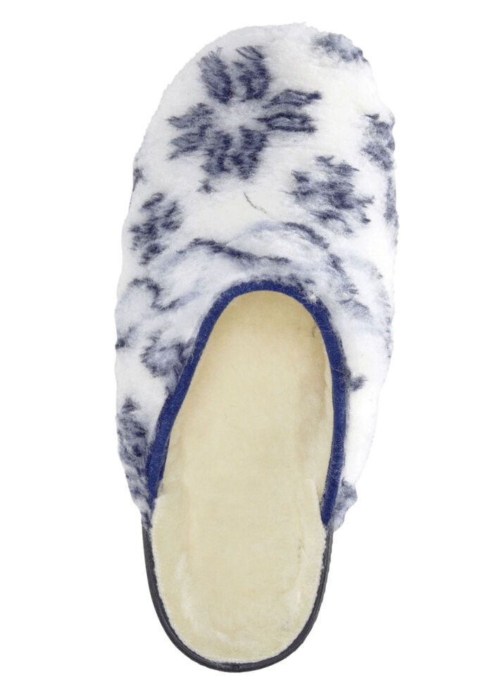 Pantoffel aus bedrucktem Pl&uuml;schmaterial ECRU-BLAU