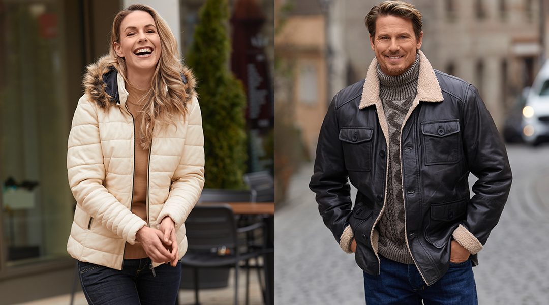 Braune Herren-Lederjacke und helle Damenjacke