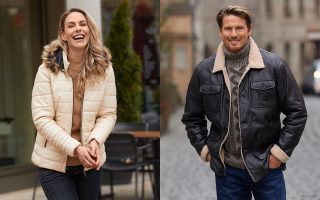 Braune Herren-Lederjacke und helle Damenjacke