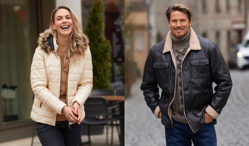 Braune Herren-Lederjacke und helle Damenjacke
