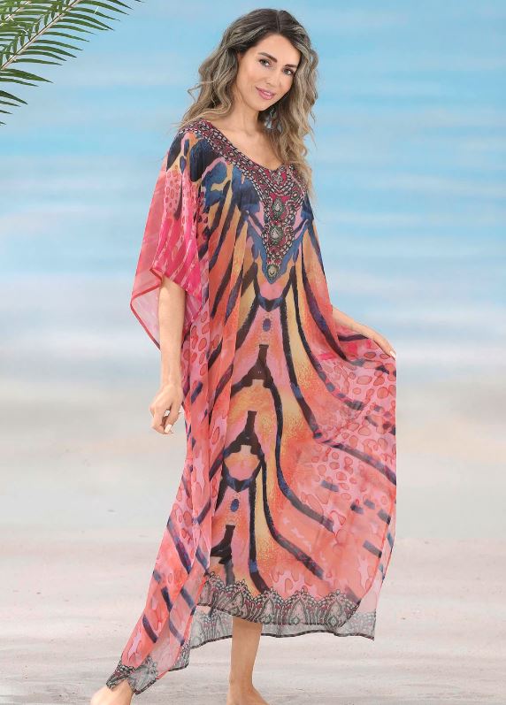 Laurina Kaftan mit Schmucksteinchen, leicht transparent